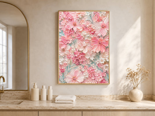 Light pink blossom printable art displayed above a bathroom counter with candles
