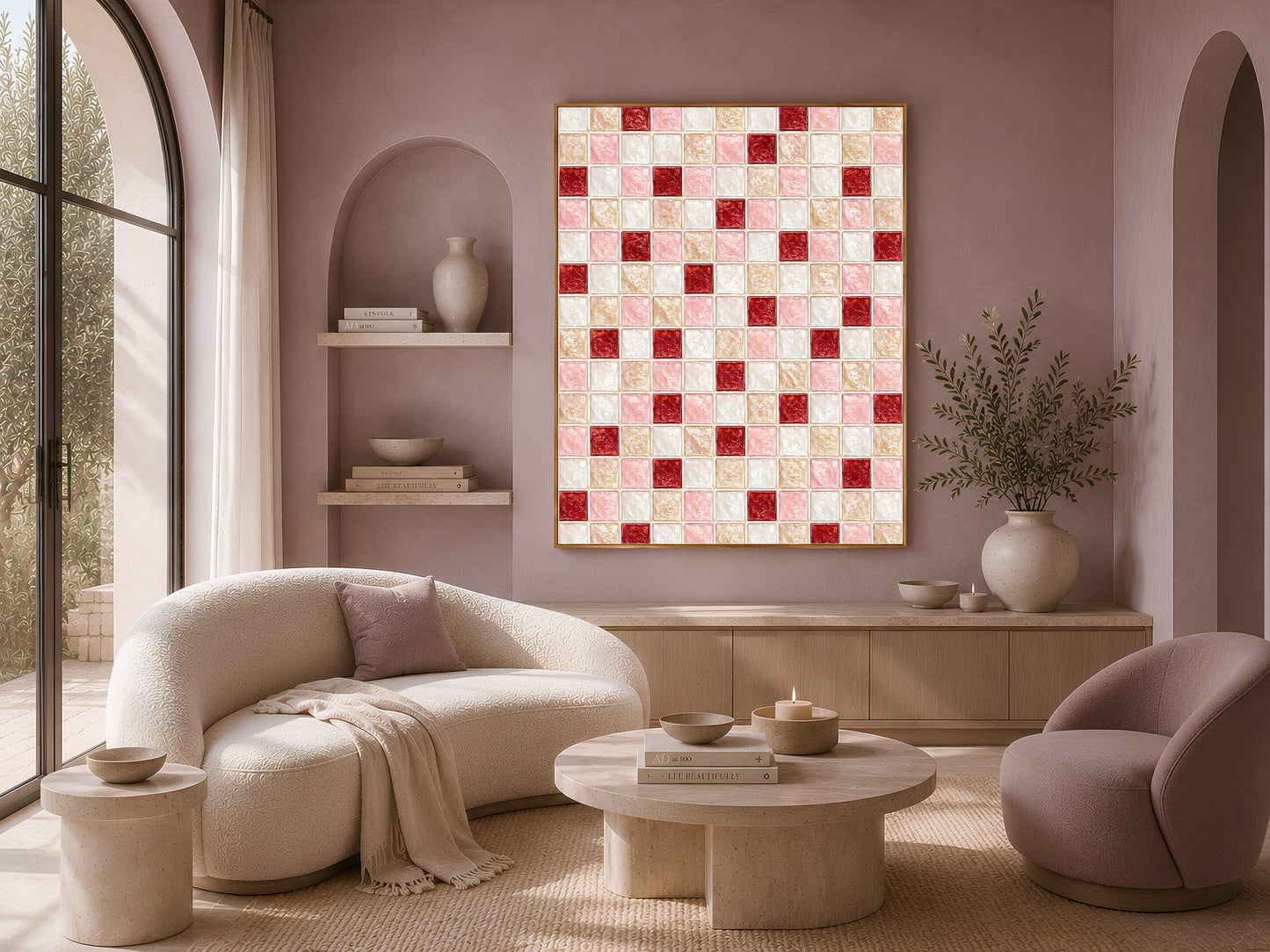 Coquette mosaic wall art print displayed above a curved boucle sofa in an arched living room
