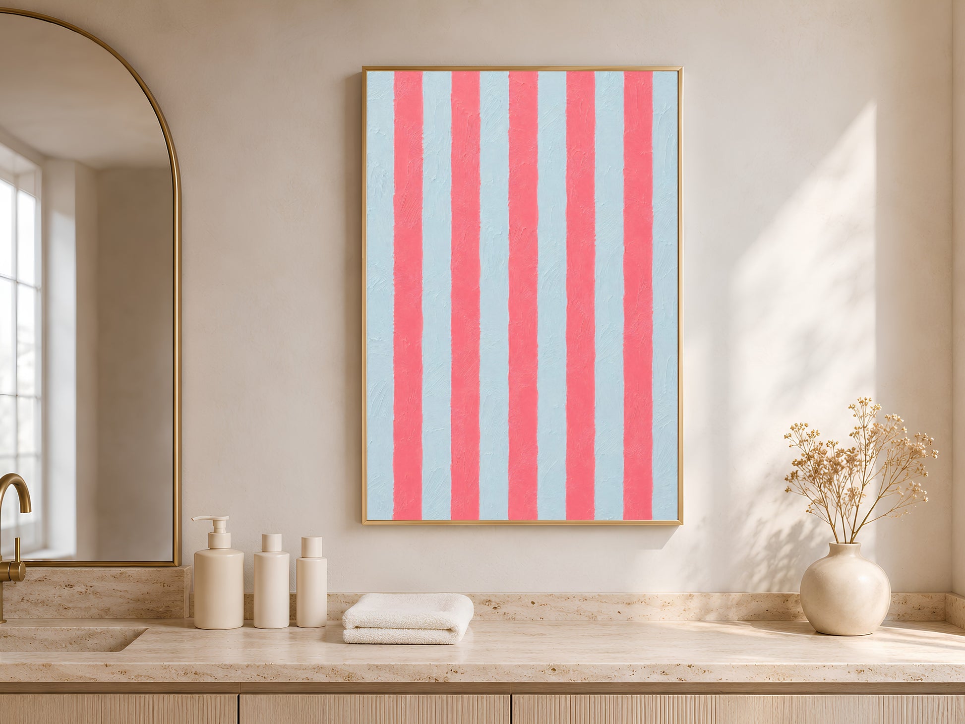 Framed pink blue stripe print above a bathroom vanity with white bottles