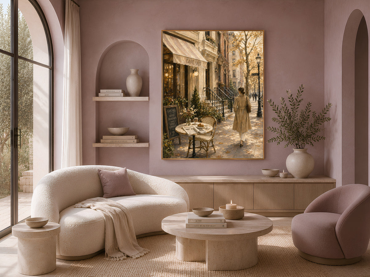 Autumn NYC cafe wall art framed print in cozy living room with blush pink armchair