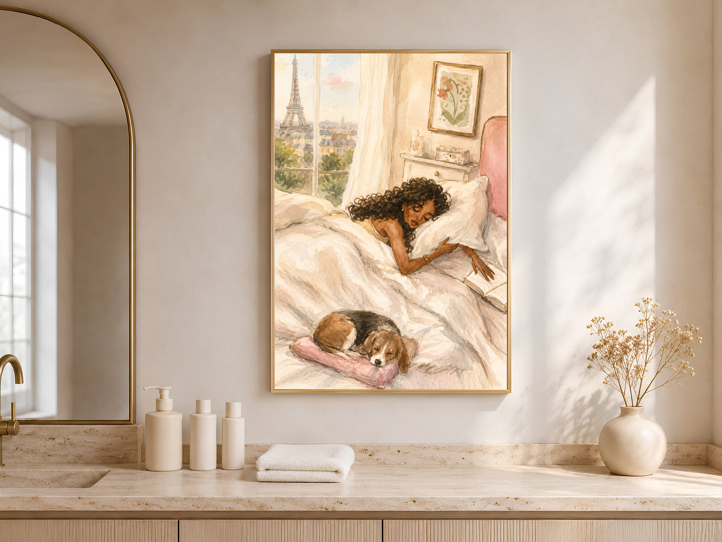 Framed Paris illustration print displayed above a marble bathroom vanity