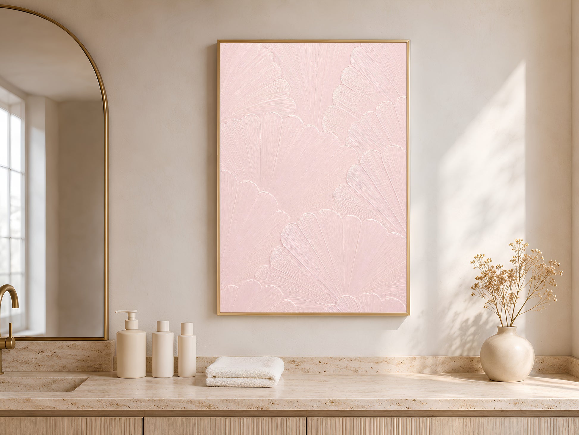 Ballet pink textured print framed above a bed in a warm neutral bedroom with arched windows
