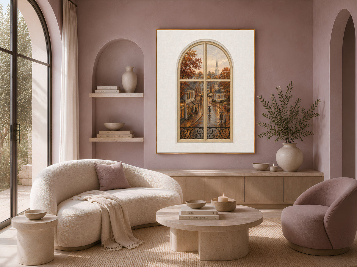 Autumn Village Window Wall Art, Rainy Main Street Church Print - Digital Download