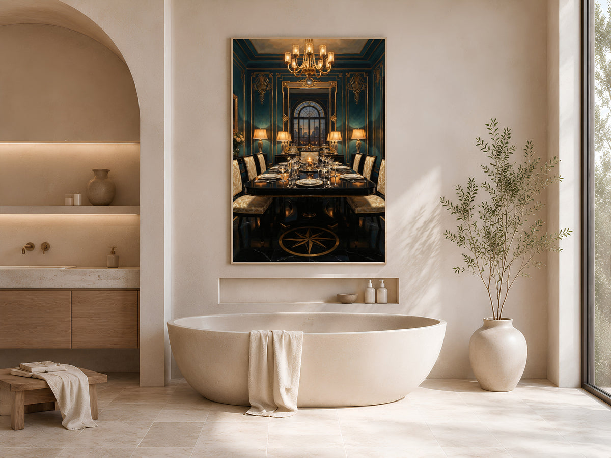 Art Deco Dining Room Wall Art, Teal Gold 1920s Interior Oil Painting - Digital Download