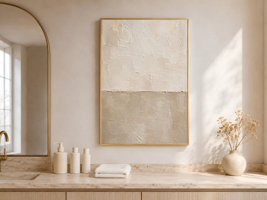 Neutral wabi sabi wall art framed in a bathroom vanity and dressing nook with wood cabinetry
