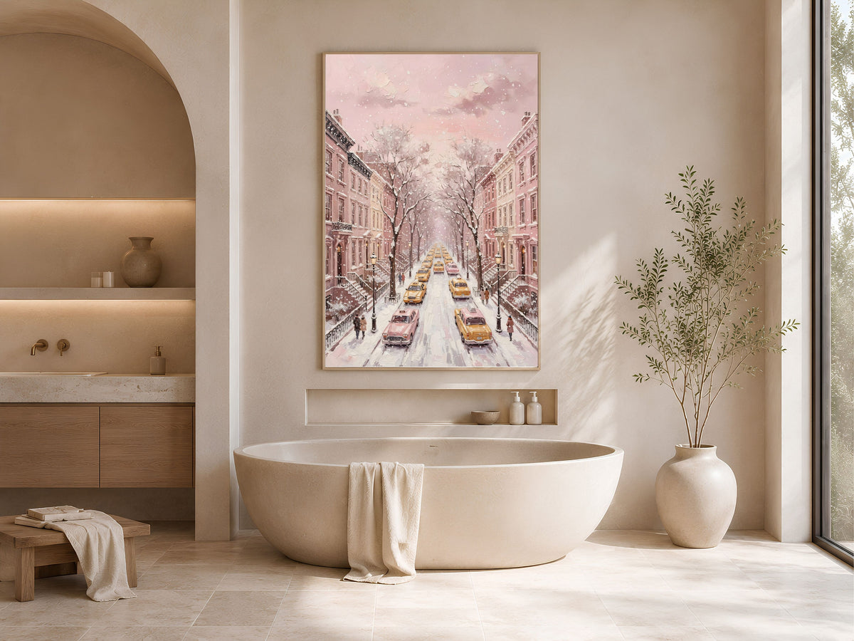 Pink NYC Taxi Wall Art, Snowy New York Street Print - Digital Download