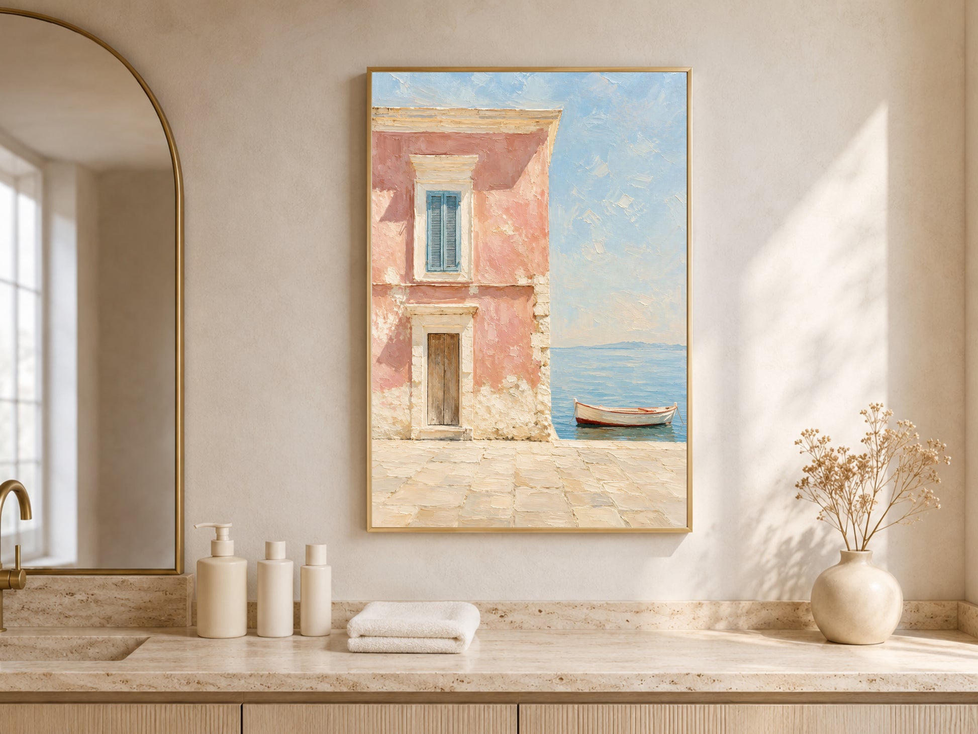 Framed Mediterranean wall art displayed above a bathroom vanity styled with dried florals, in a warm neutral space