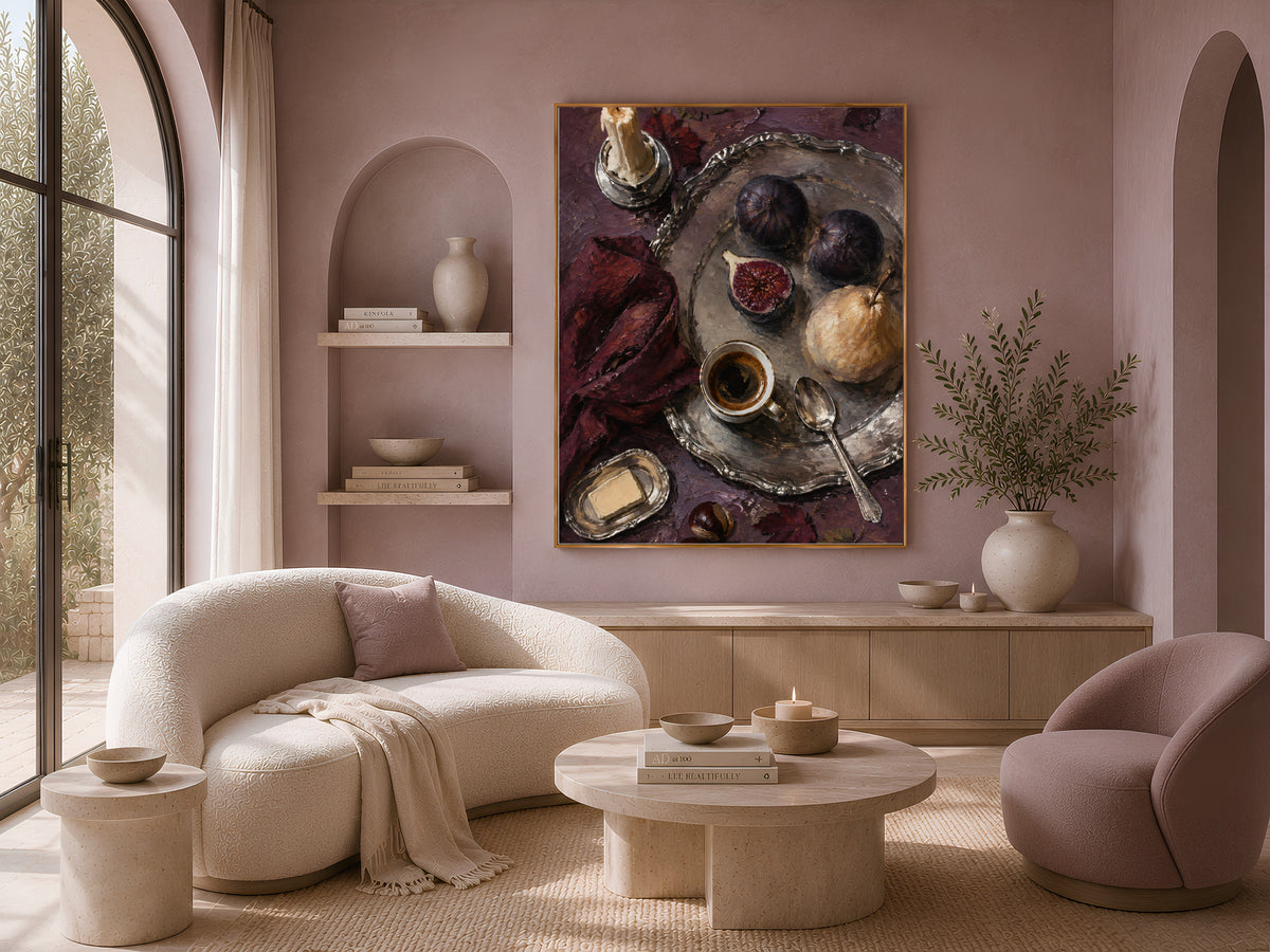 Dark academia fig still life print framed above cream sofa in boho living room