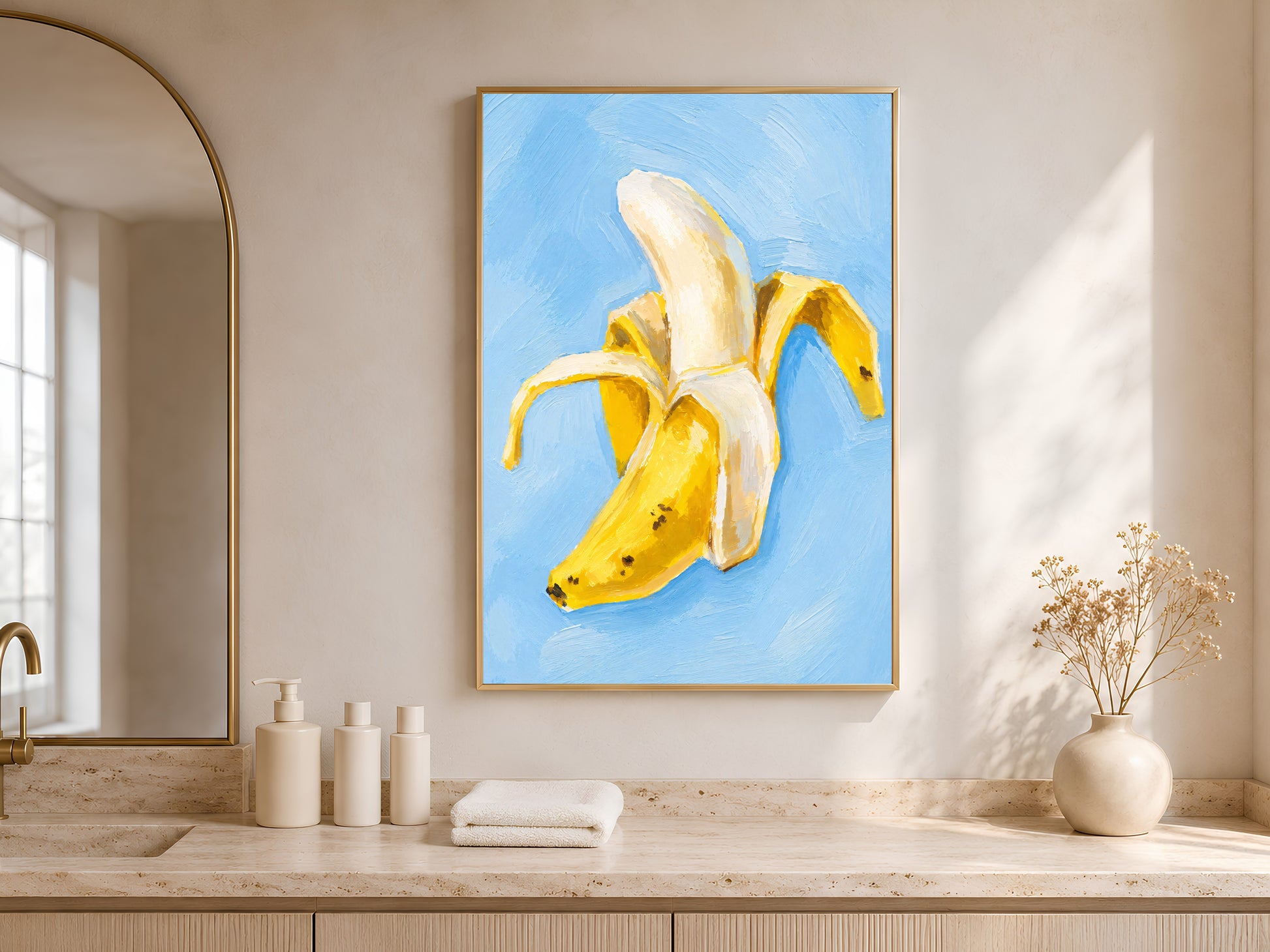 Framed banana still life print above bathroom counter with florals, light blue kitchen wall art