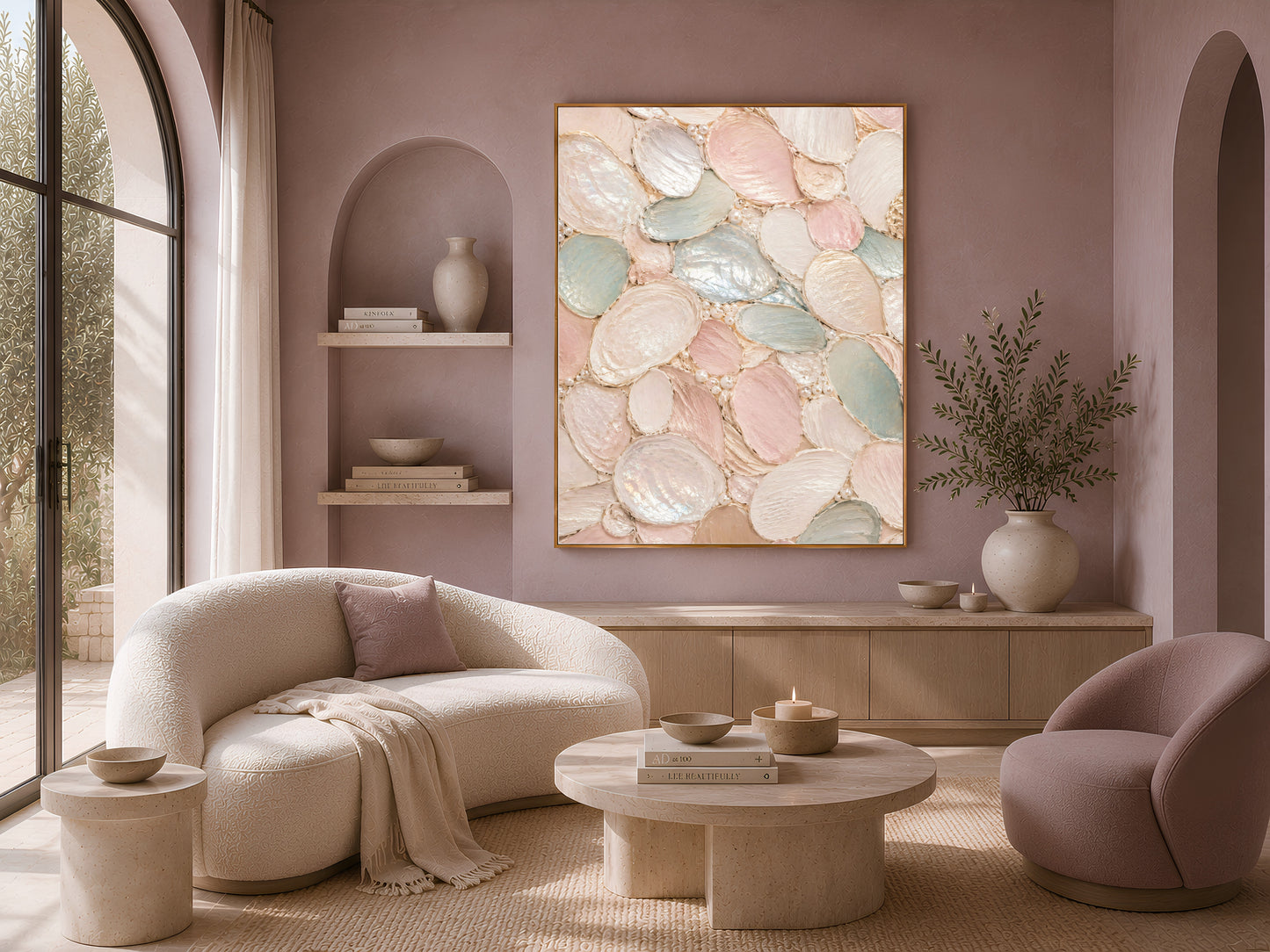 Sage green and blush pink wall art above boucle sofa, quiet luxury living room decor