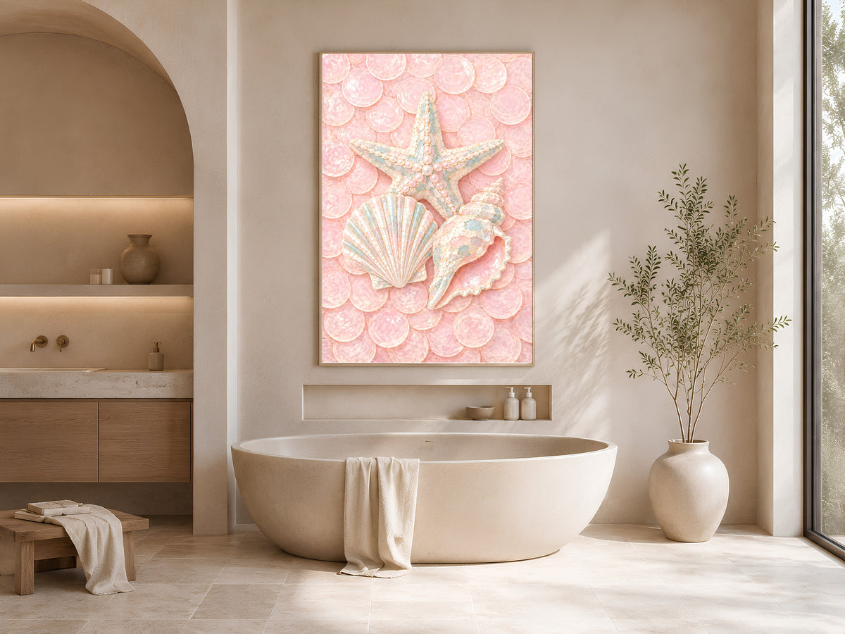 Pink Coastal Seashell Print, Starfish Scallop Conch Wall Art - Digital Download