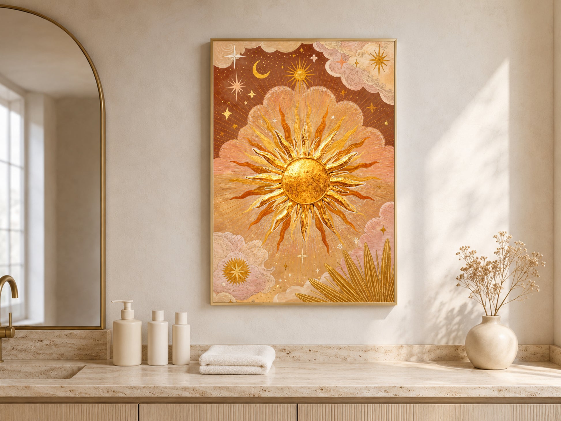The Sun tarot wall art framed above a marble bathroom counter, warm gold mystical celestial print
