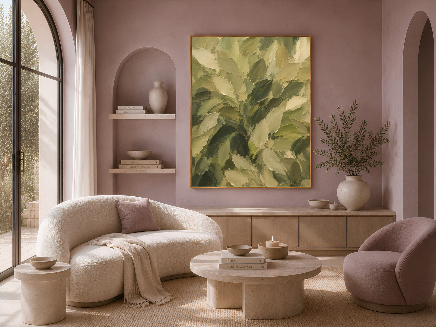 Olive green leaf wall art print displayed above a curved sofa in a mauve living room