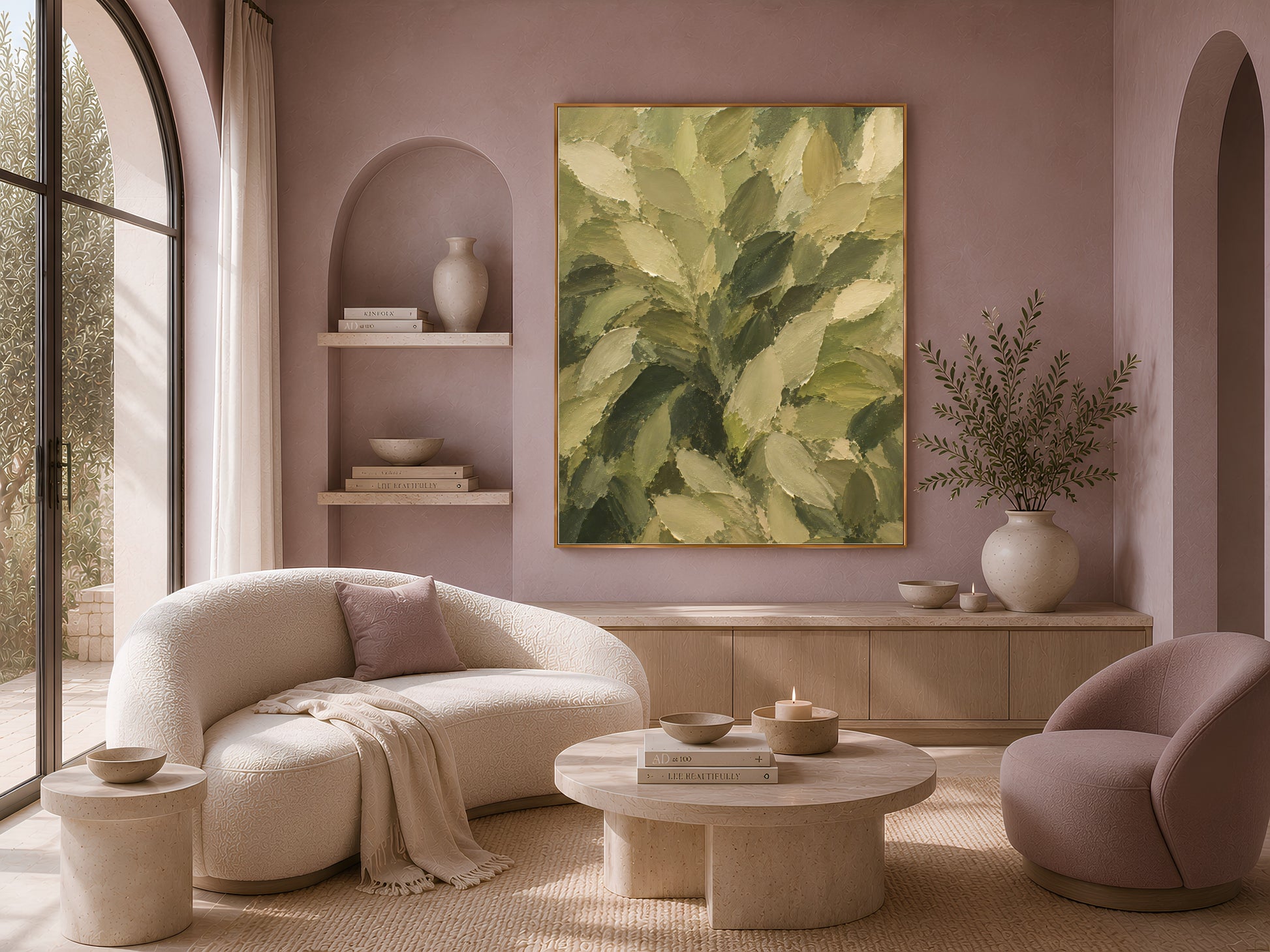 Olive green leaf wall art print displayed above a curved sofa in a mauve living room