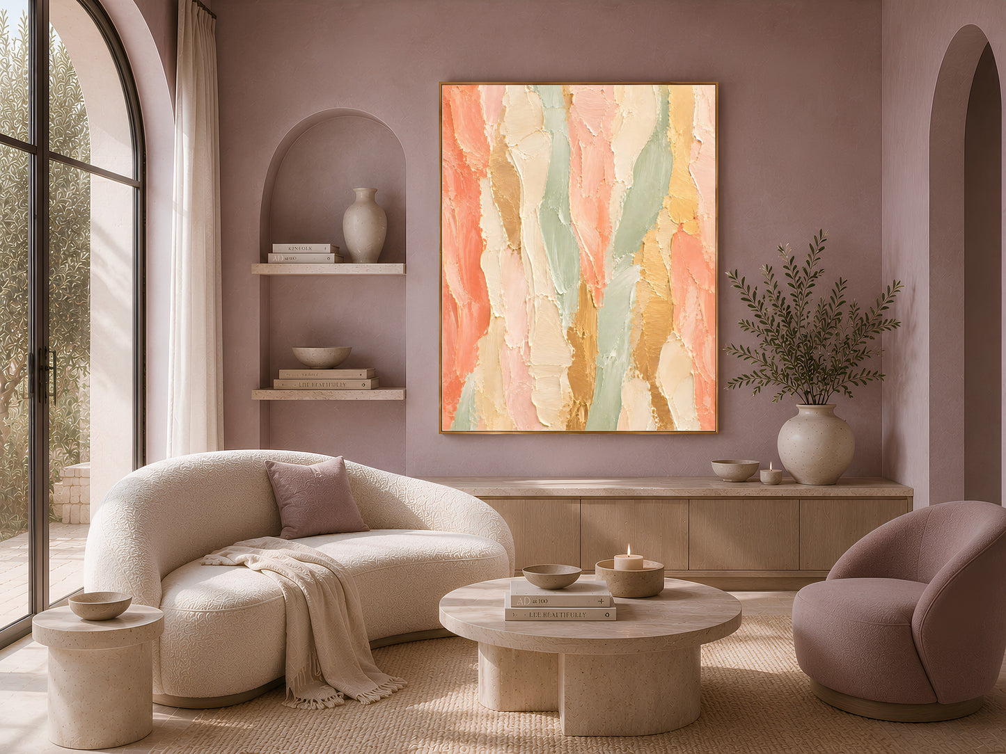 Textured vertical abstract wall art print displayed above a curved boucle sofa in a mauve living room