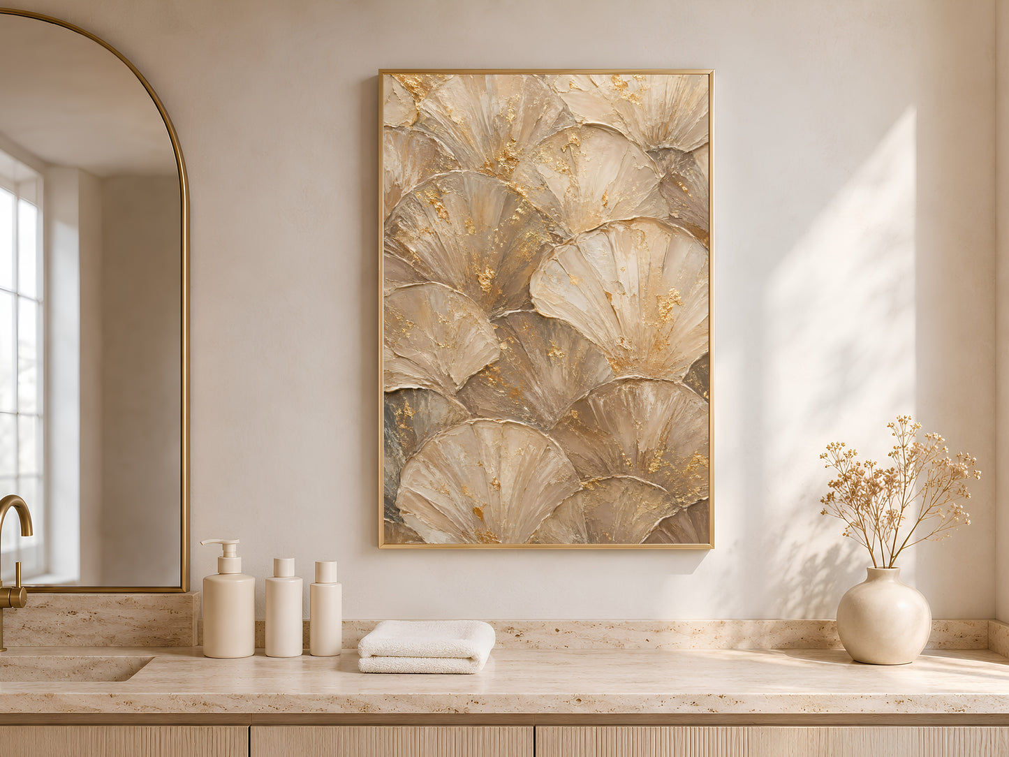 Ginkgo leaf print framed in gold displayed above bathroom counter near arched mirror
