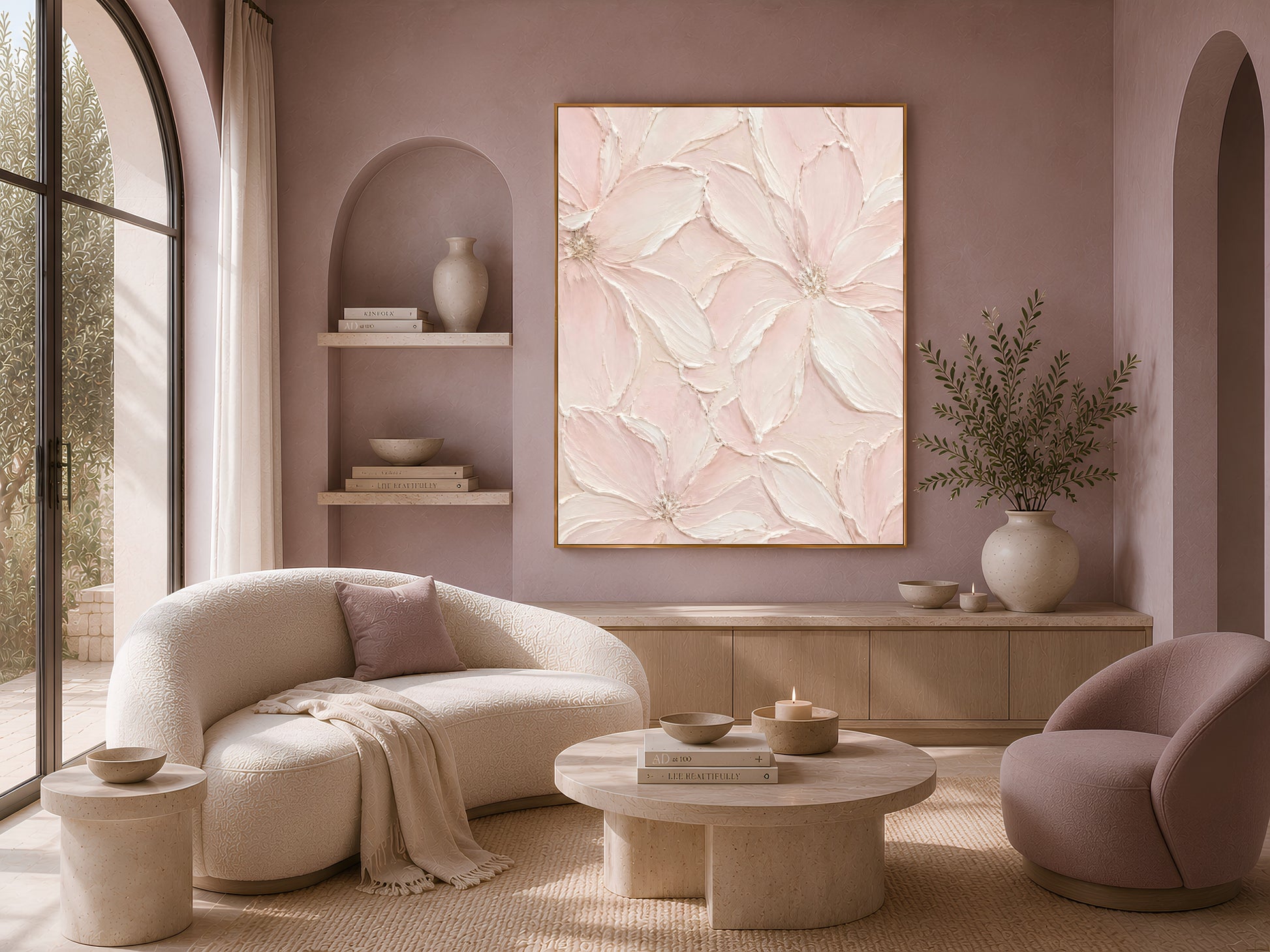 Blush pink floral wall art above boucle sofa, quiet luxury living room decor