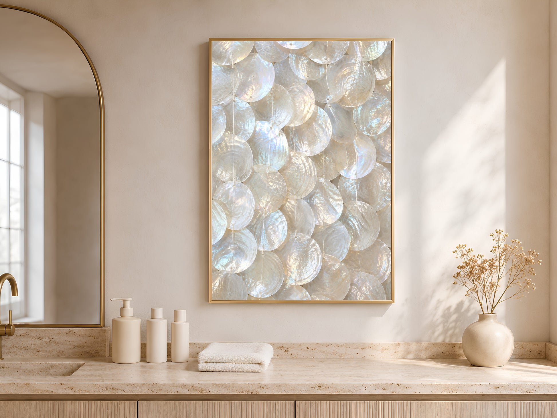 Framed capiz shell wall art print above an arched-window bathroom countertop with vases.
