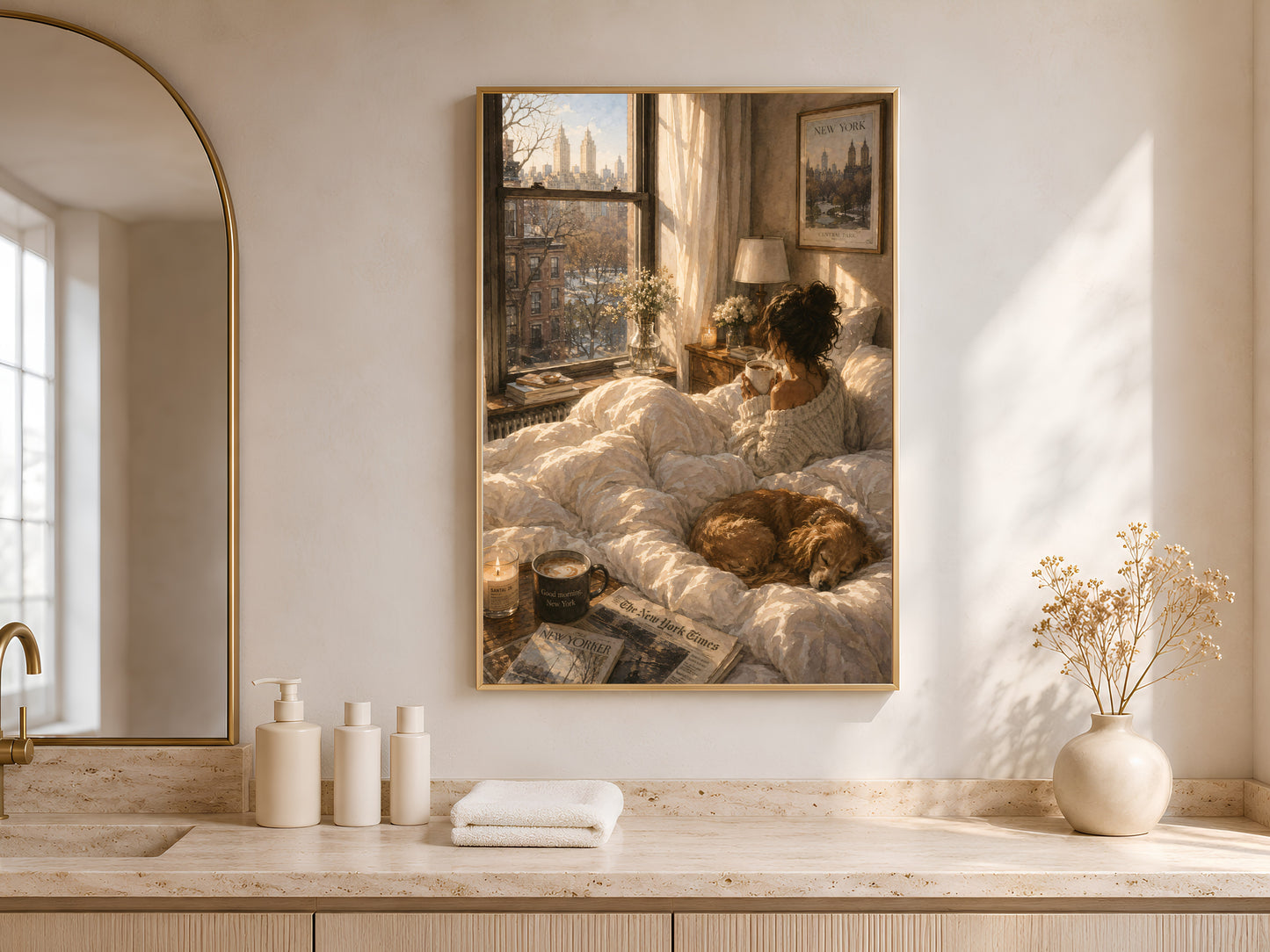  Framed golden retriever winter illustration print above a marble bathroom counter