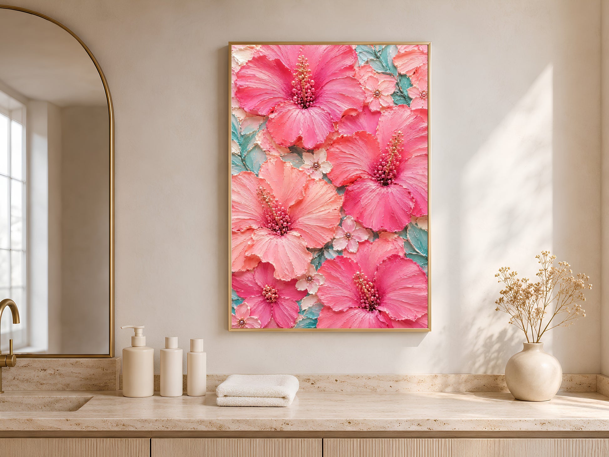 Pink hibiscus printable art framed above a bathroom counter with mirror
