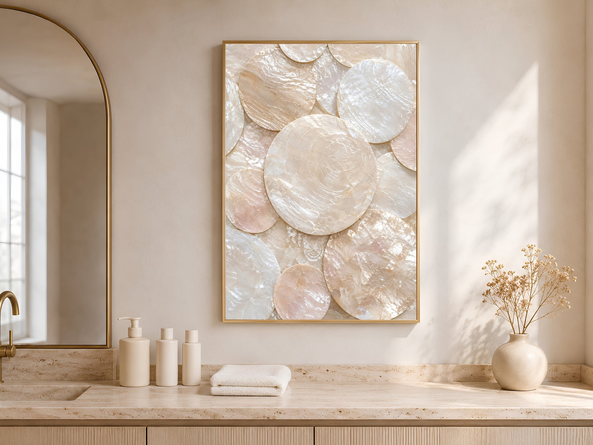 Framed mother-of-pearl mosaic print above a wood console table in a bright hallway
