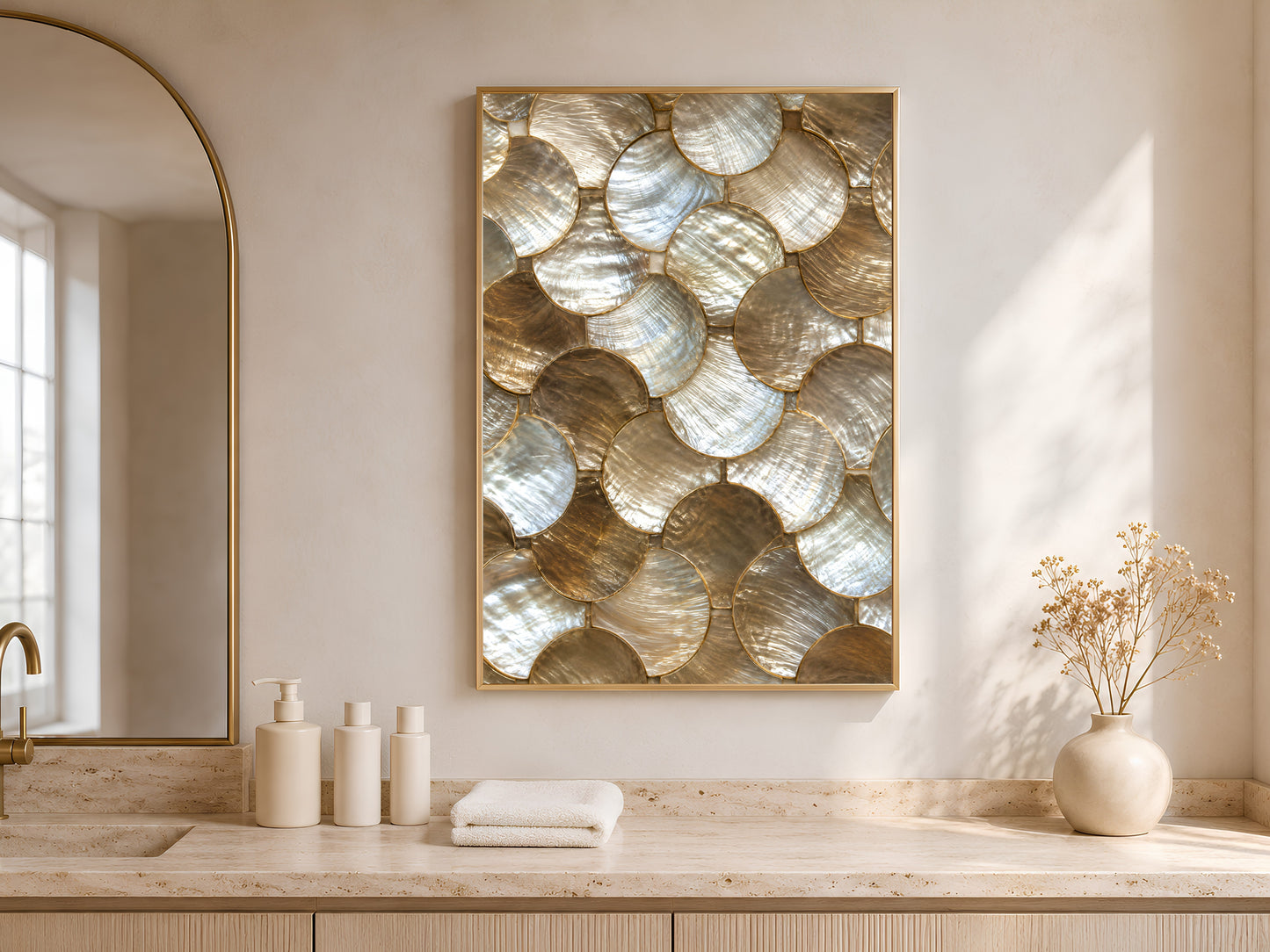 Framed gold abstract art print above an arched-window bathroom countertop with vases.
