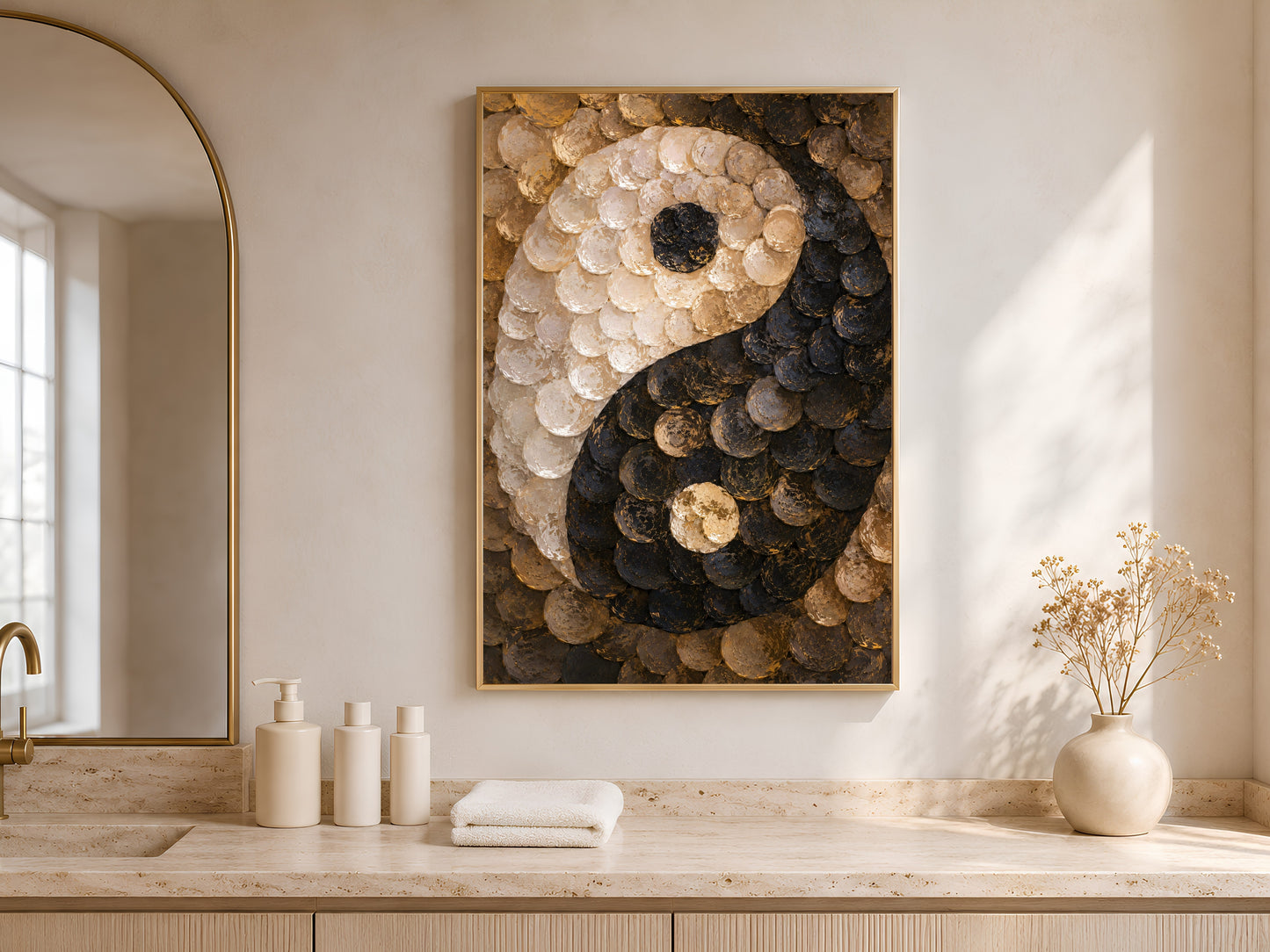 Capiz shell yin yang wall art above bathroom vanity with towels and plants

