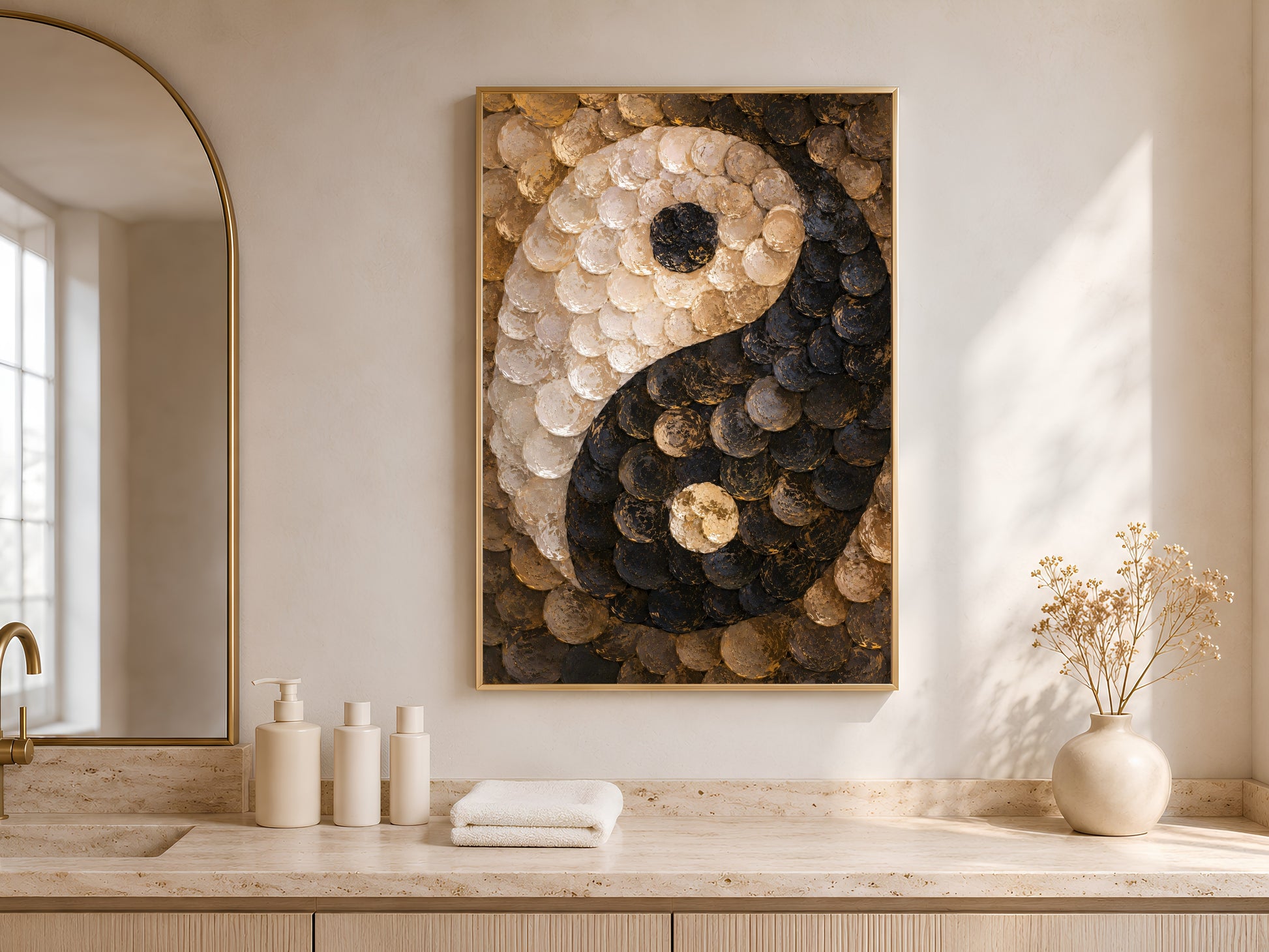 Capiz shell yin yang wall art above bathroom vanity with towels and plants
