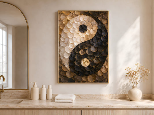 Capiz shell yin yang wall art above bathroom vanity with towels and plants
