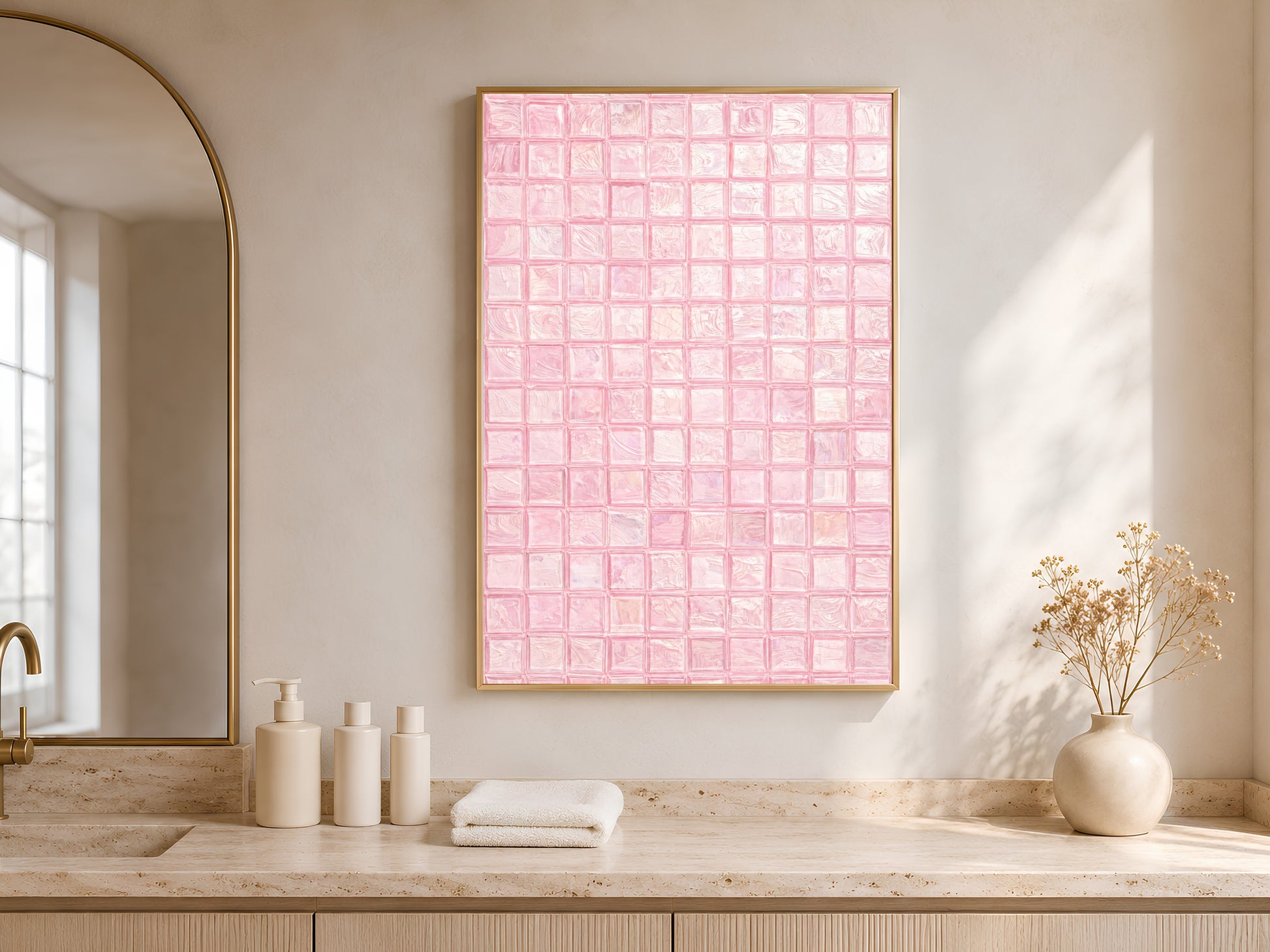 Blush pink mosaic tile wall art in a gold frame above a travertine console with white ceramic vessels in a bright minimal entryway with arched mirror
