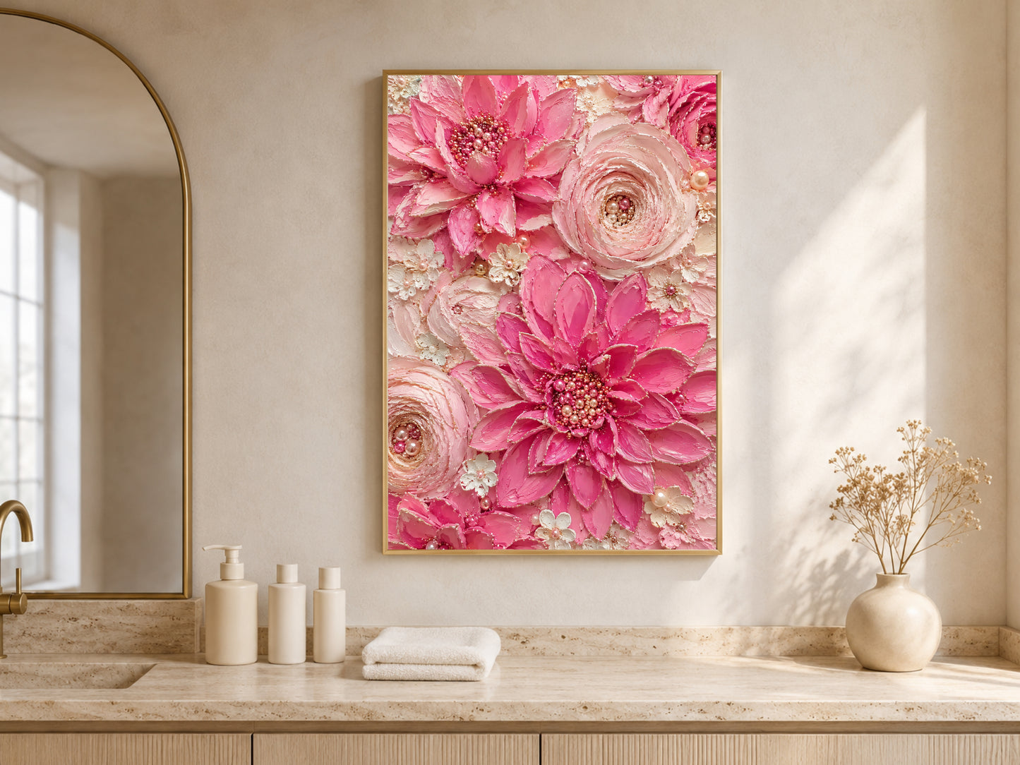 Hot pink dahlia wall art framed in a bedroom with arched windows and neutral bedding
