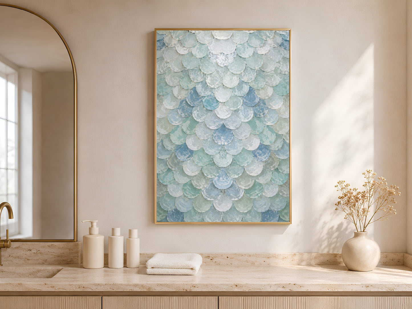 Seafoam capiz shell wall art above marble vanity in bathroom with candles
