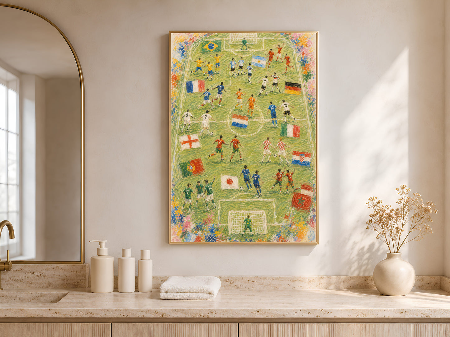 Framed World Cup soccer wall art print in bathroom with arched mirror, football fan decor
