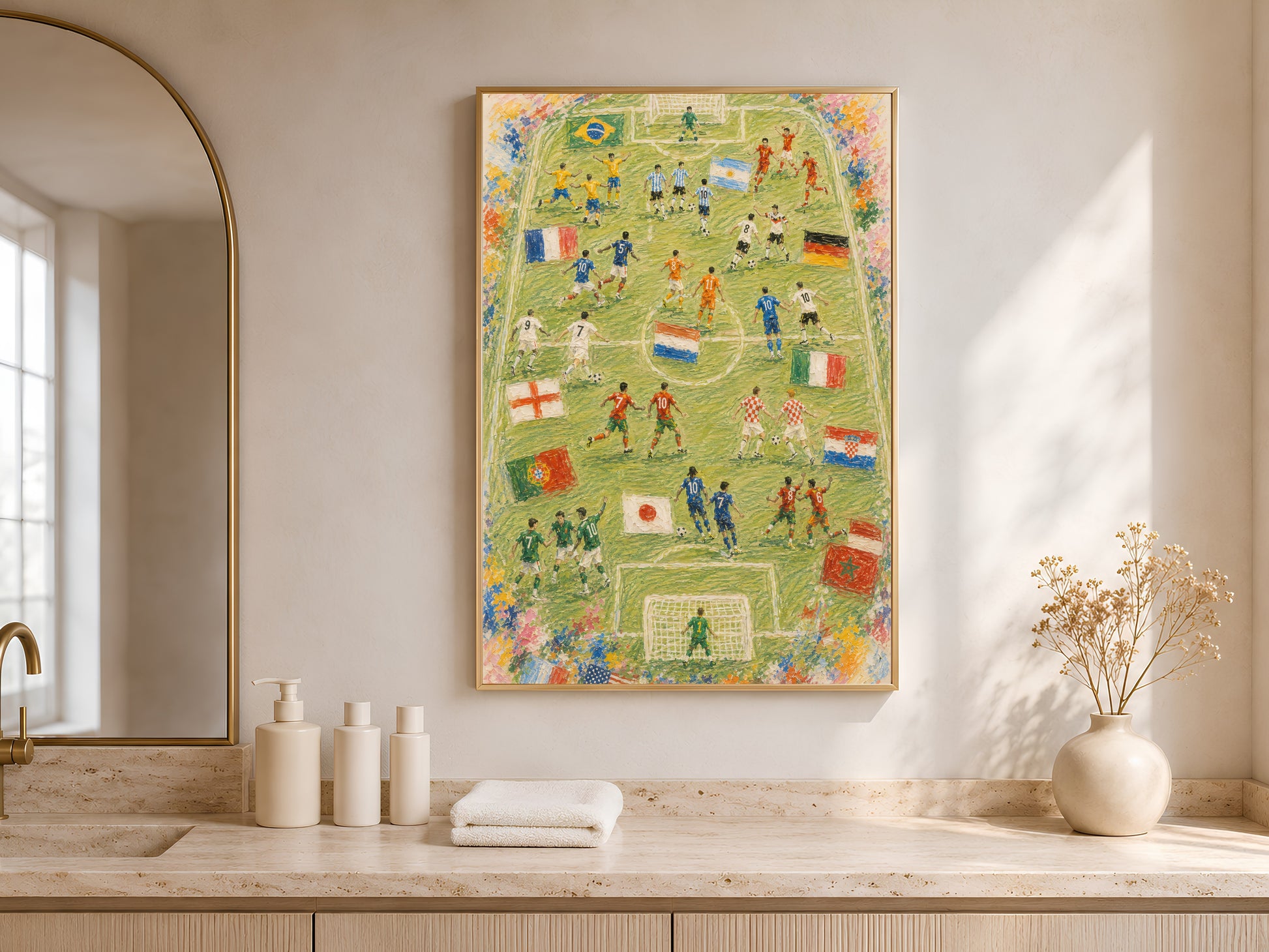 Framed World Cup soccer wall art print in bathroom with arched mirror, football fan decor
