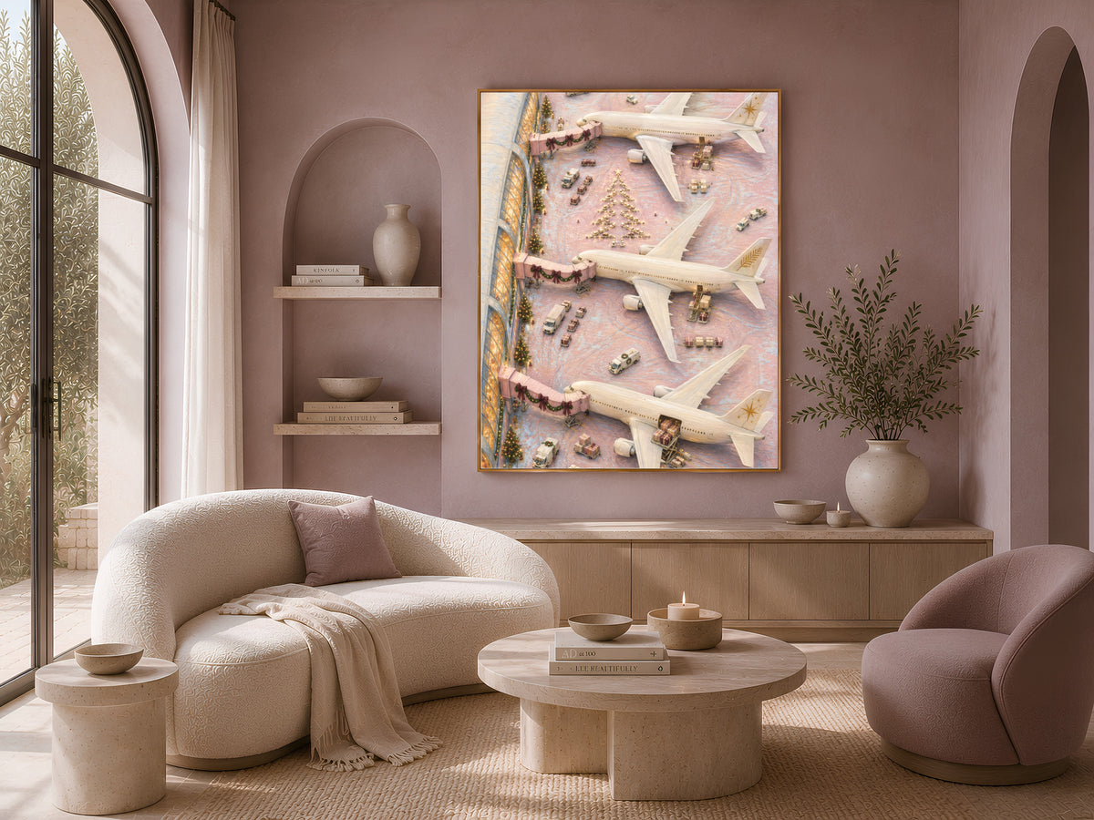 Coquette Christmas decor framed above cream sofa and armchairs in living room