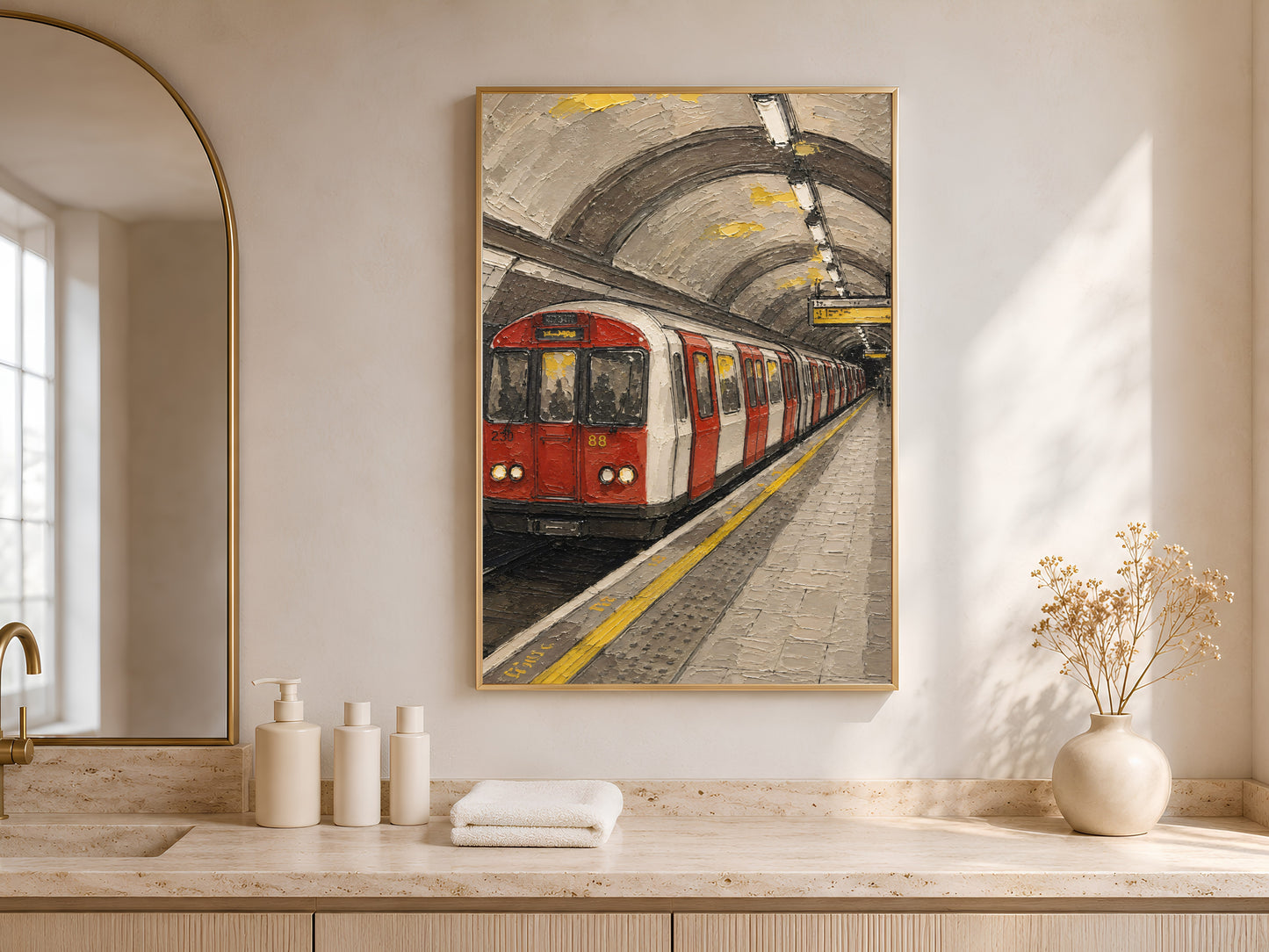 London Underground tube train wall art in a gold frame above an entryway bench, textured impasto print with arched window light
