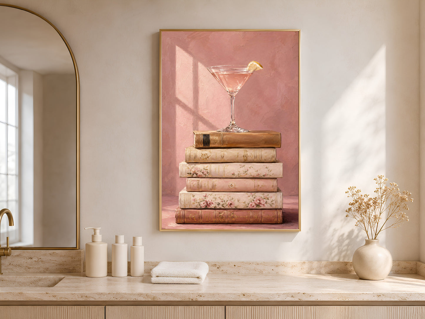 Martini still life print framed above kitchen counter, vintage books oil painting decor
