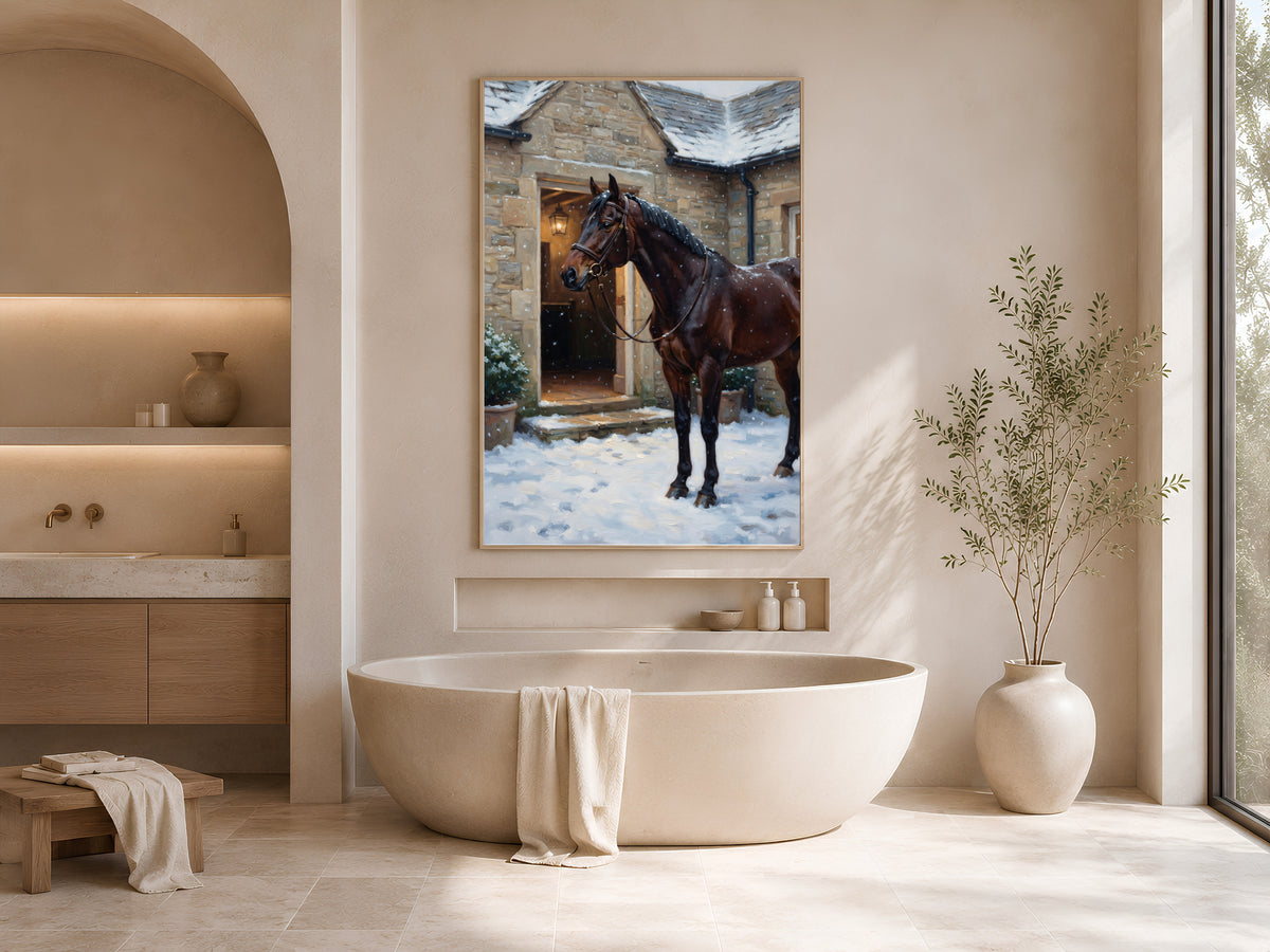 Equestrian Wall Art, Horse in Snow Oil Painting Print - Digital Download
