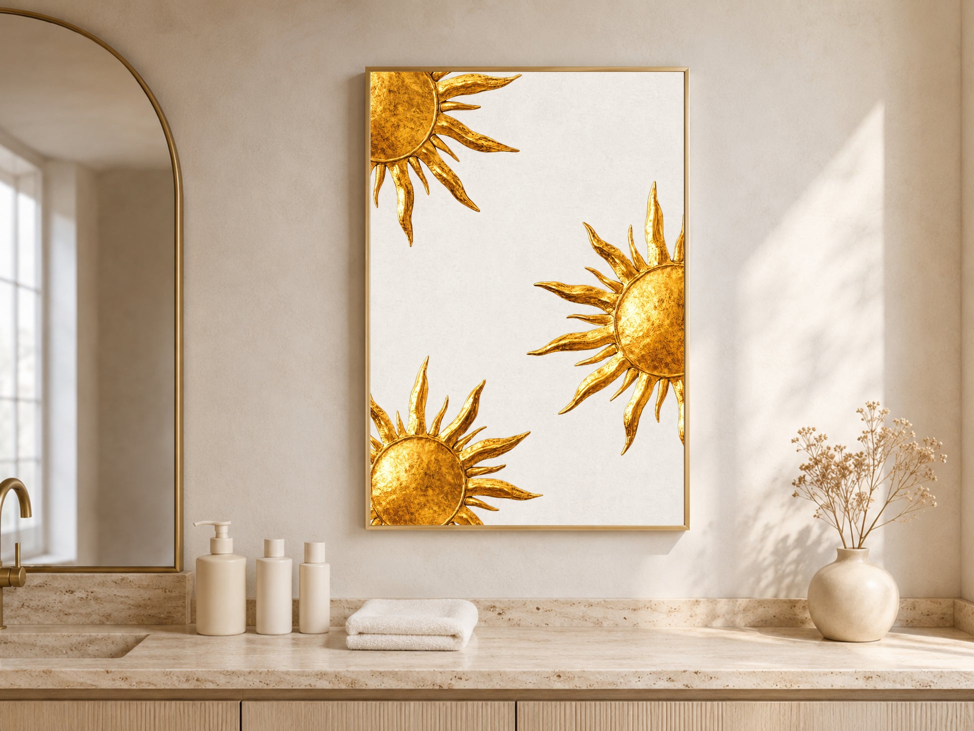 Gold sunburst wall art framed above a vanity in a neutral boho bathroom with arched window