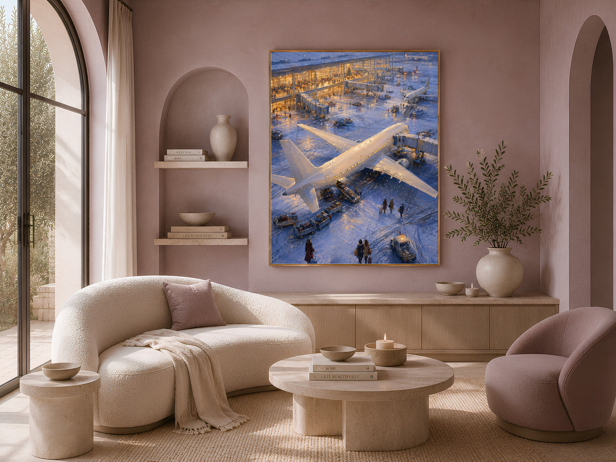 Airplane wall art framed above cream armchairs and round coffee table