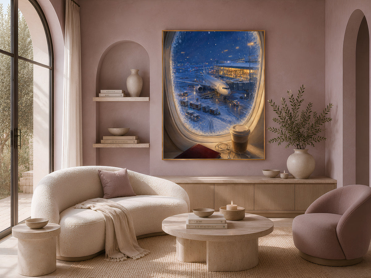 Airplane window seat art framed above cream sofa and armchair in living room