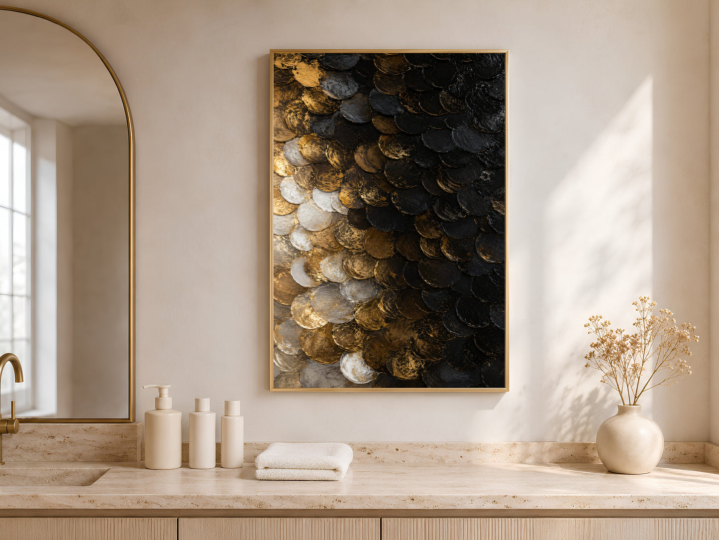 Black gold capiz shell print above wood vanity in arched window bathroom
