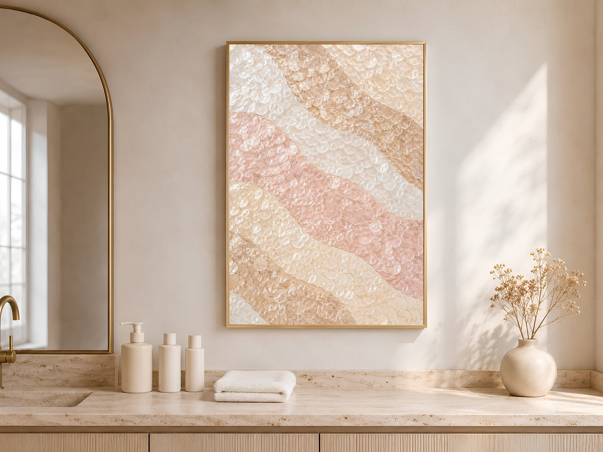 Ombre wave mosaic print in a gold frame above a bathroom vanity with arched window
