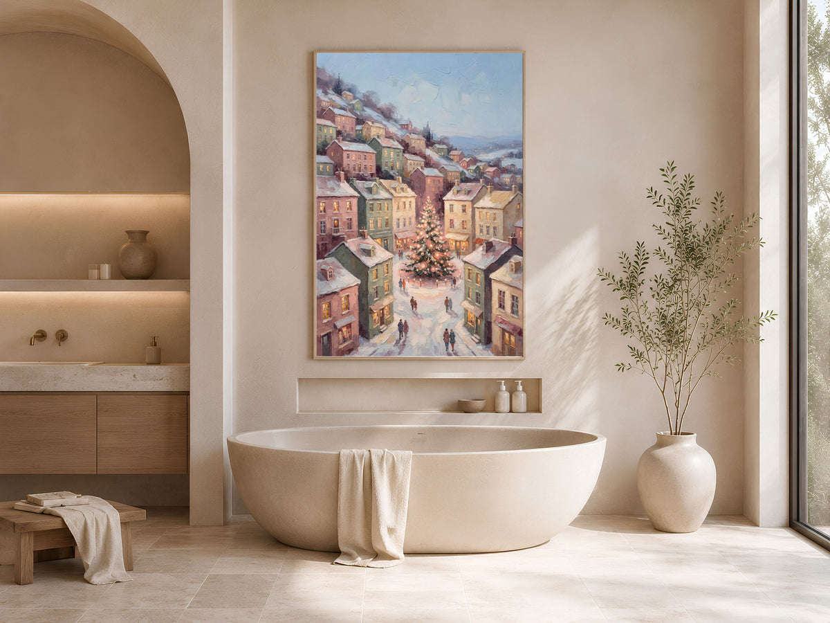 Scandinavian Christmas Wall Art, Pastel Town Square Print - Digital Download