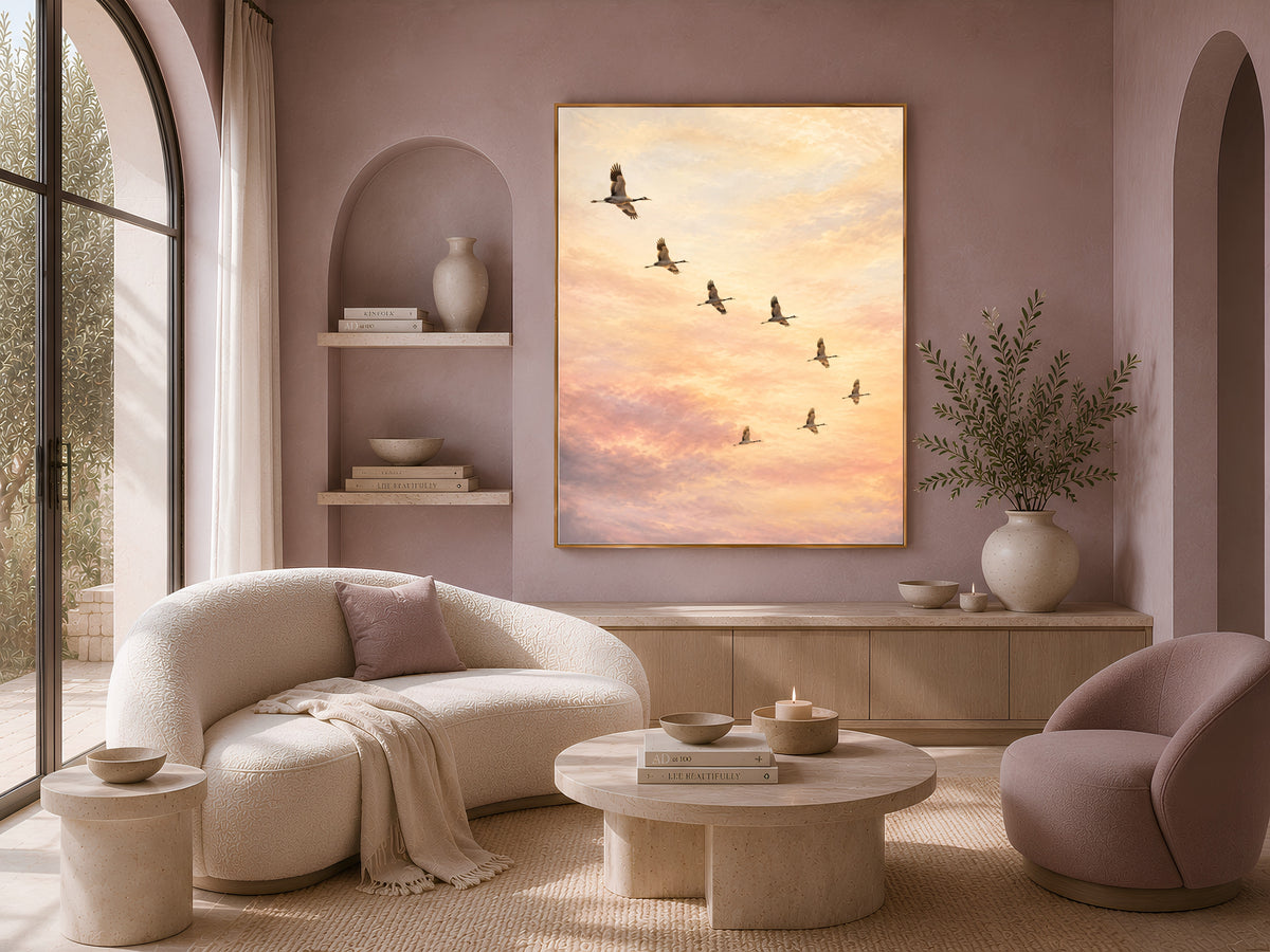 Flying Cranes Wall Art, Sunset Sky Print, Ethereal Pastel Bedroom Decor - Digital Download