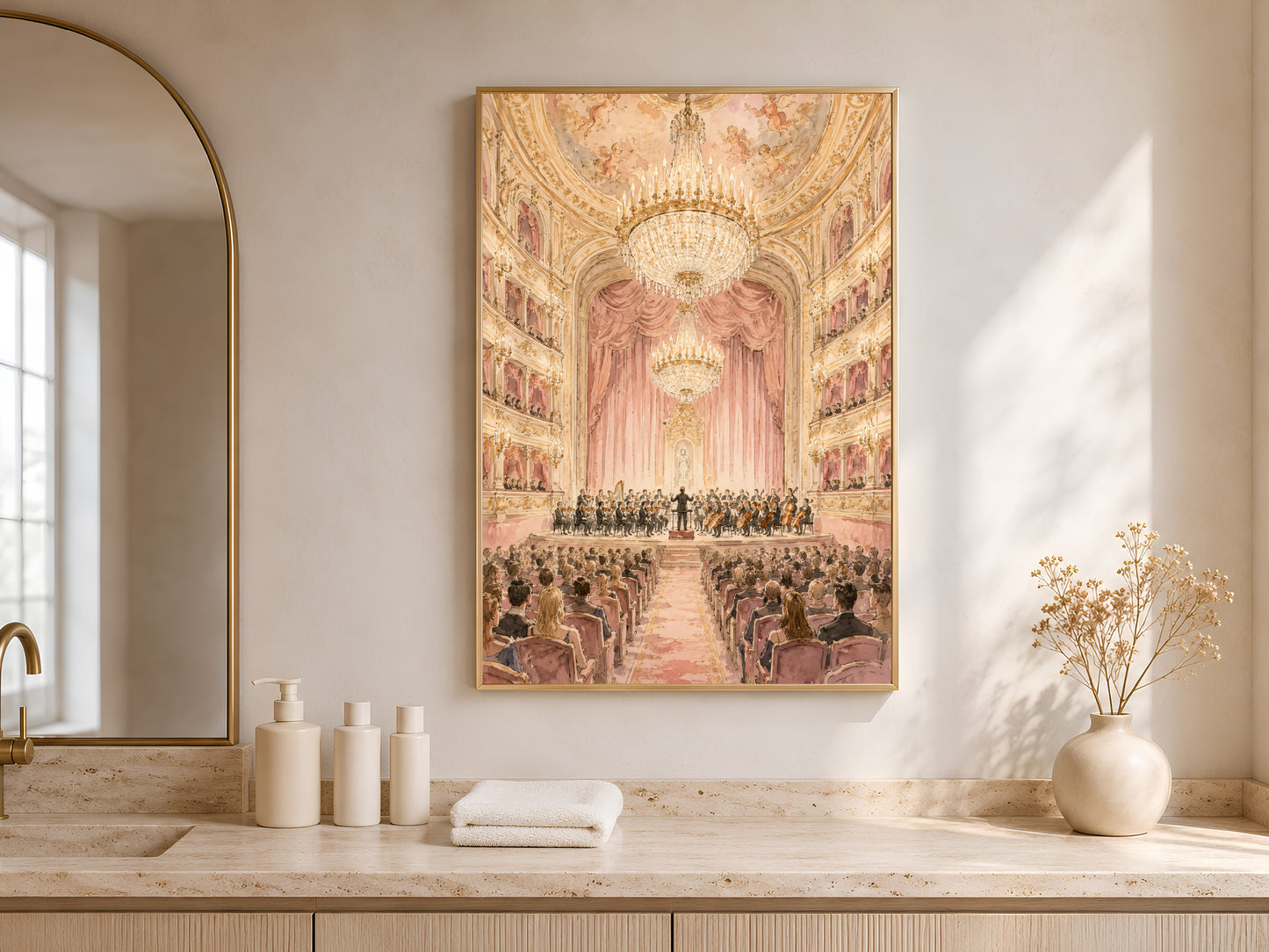 Opera house watercolor print framed above console in sunlit bedroom nook decor
