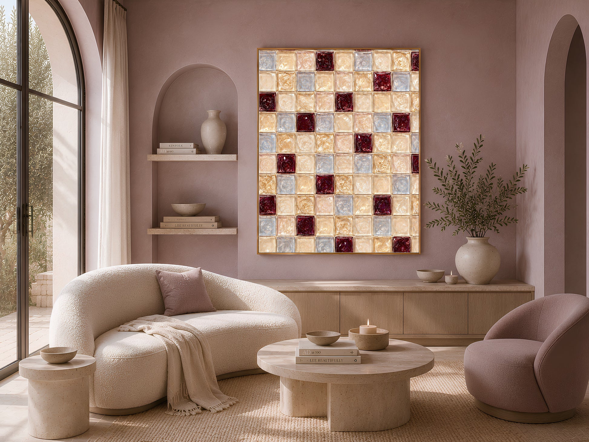 Jewel tone glass tile print in gold frame above a boucle sofa in a living room