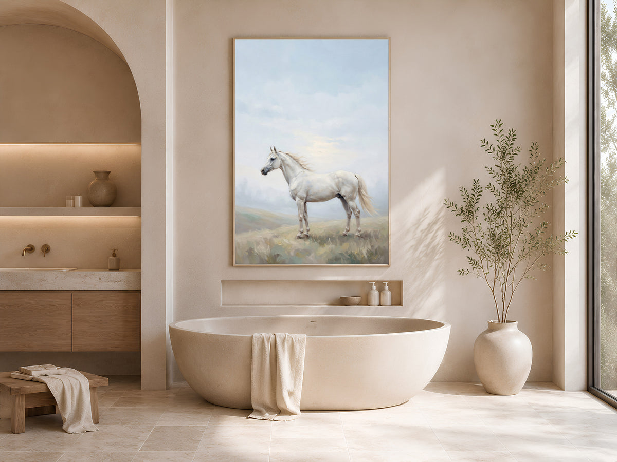 White Horse Wall Art, Misty Hills Oil Painting Print - Digital Download