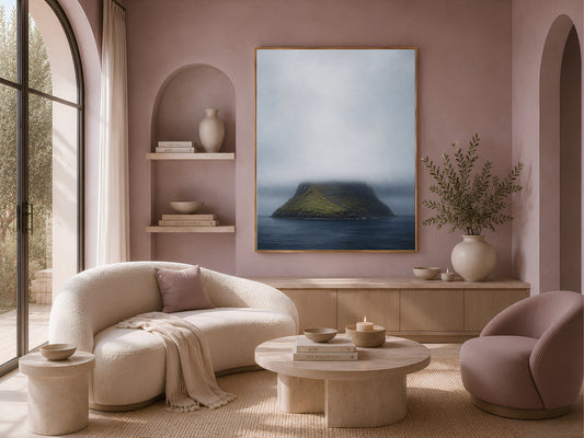 Faroe Islands wall art framed print in beige living room with arched shelving