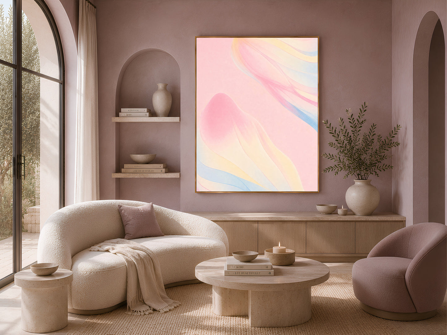 Pastel ribbon abstract print above a curved cream sofa in a warm, minimalist living room
